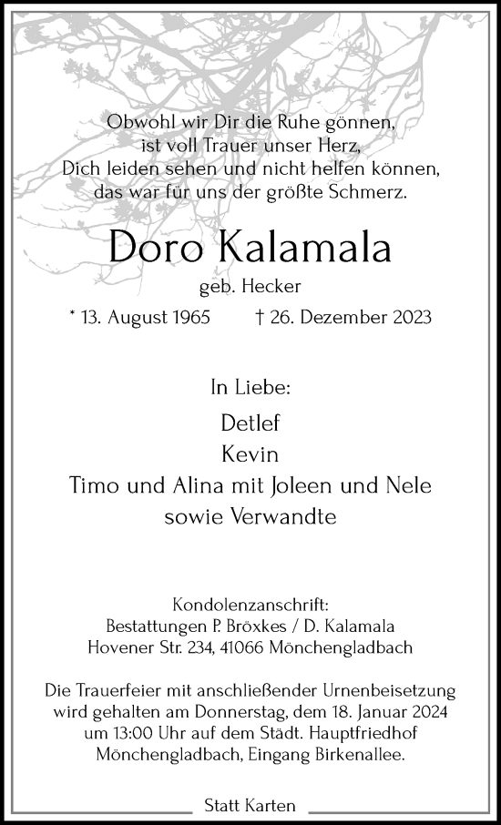 Traueranzeige von Doro Kalamala von trauer.extra-tipp-moenchengladbach.de