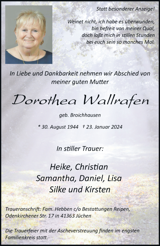 Traueranzeige von Dorothea Wallrafen von trauer.extra-tipp-moenchengladbach.de