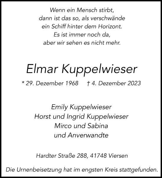 Traueranzeige von Elmar Kuppelwieser von trauer.extra-tipp-moenchengladbach.de