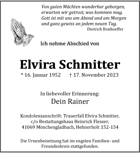 Traueranzeige von Elvira Schmitter von trauer.extra-tipp-moenchengladbach.de