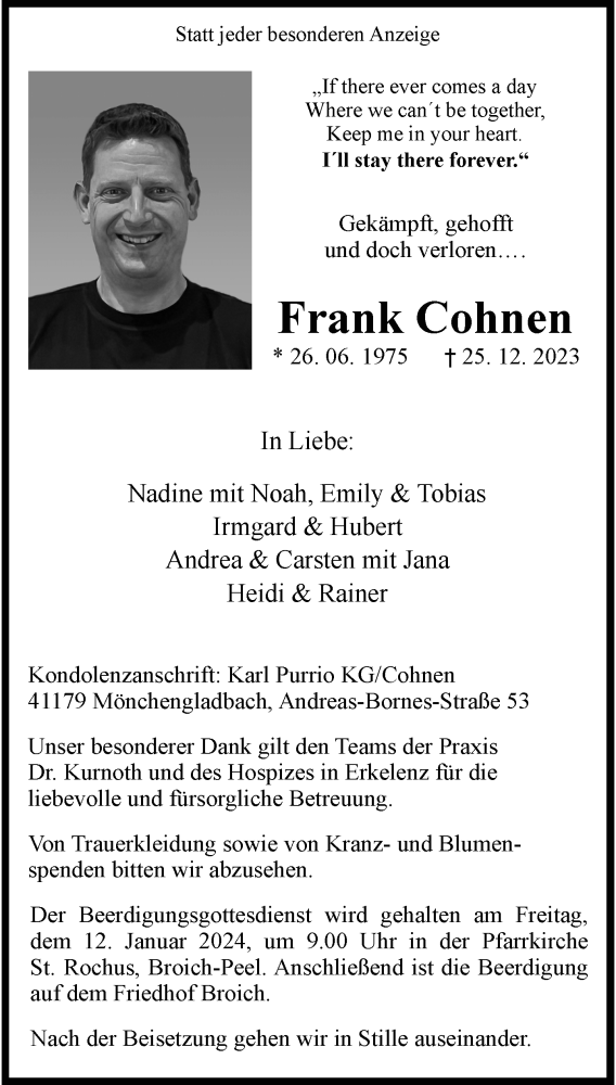  Traueranzeige für Frank Cohnen vom 07.01.2024 aus trauer.extra-tipp-moenchengladbach.de