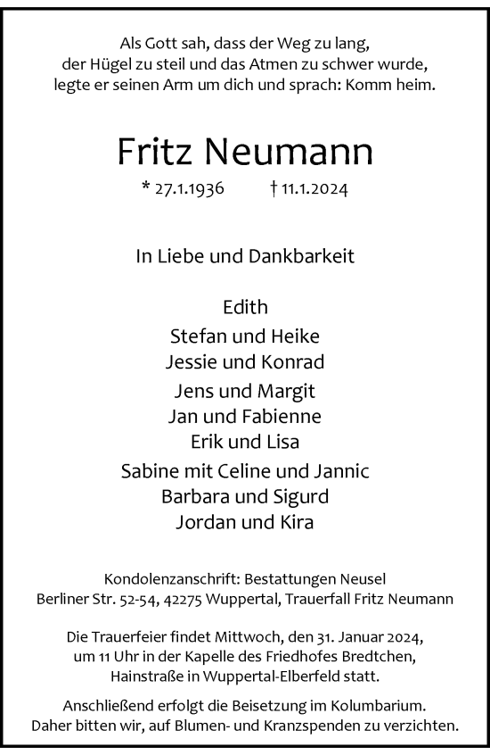 Traueranzeige von Fritz Neumann von trauer.wuppertaler-rundschau.de