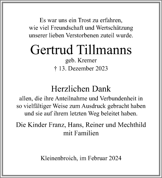 Traueranzeige von Gertrud Tillmanns von trauer.extra-tipp-moenchengladbach.de