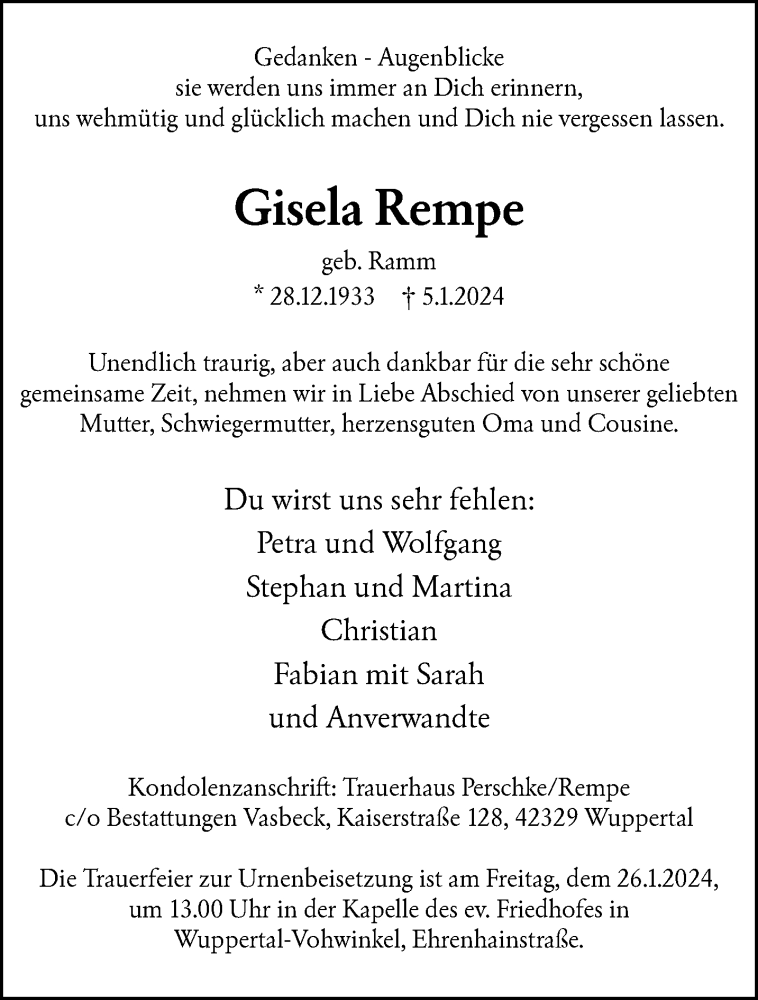  Traueranzeige für Gisela Rempe vom 20.01.2024 aus trauer.wuppertaler-rundschau.de