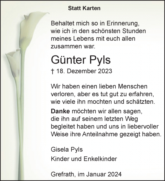 Traueranzeige von Günter Pyls von trauer.extra-tipp-moenchengladbach.de