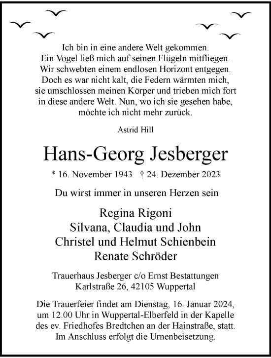 Traueranzeige von Hans-Georg Jesberger von trauer.wuppertaler-rundschau.de