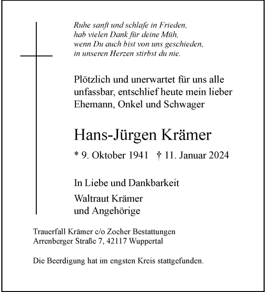 Traueranzeige von Hans-Jürgen Krämer von trauer.wuppertaler-rundschau.de
