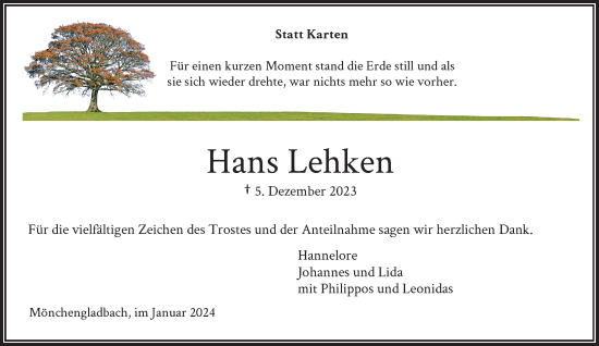 Traueranzeige von Hans Lehken von trauer.extra-tipp-moenchengladbach.de