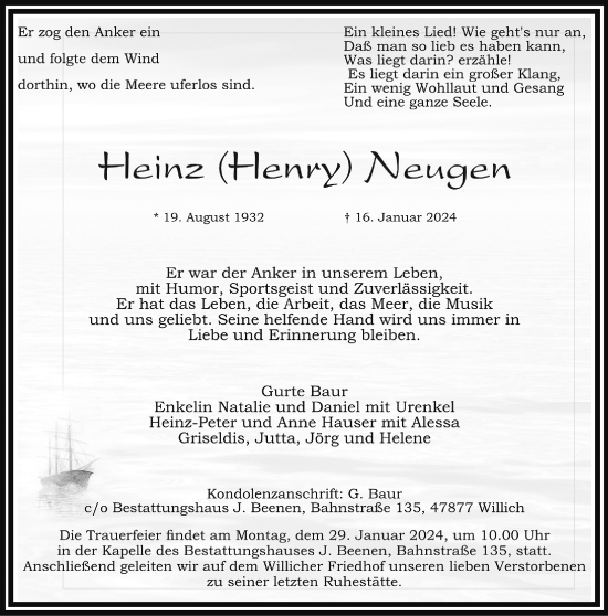 Traueranzeige von Heinz Neugen von trauer.extra-tipp-moenchengladbach.de