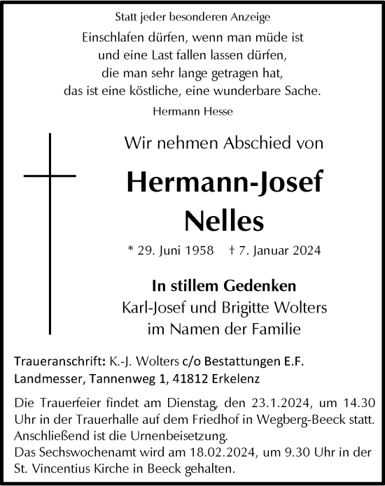 Traueranzeige von Hermann-Josef Nelles von trauer.extra-tipp-moenchengladbach.de