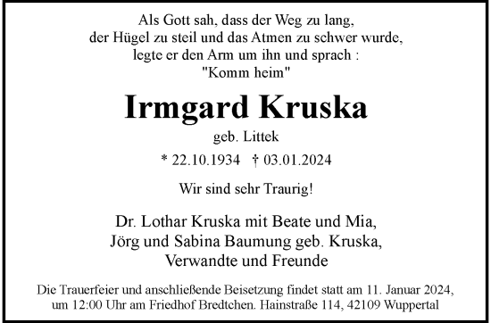 Traueranzeige von Irmgard Kruska von trauer.wuppertaler-rundschau.de