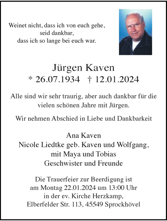 Traueranzeige von Jürgen Kaven von trauer.wuppertaler-rundschau.de