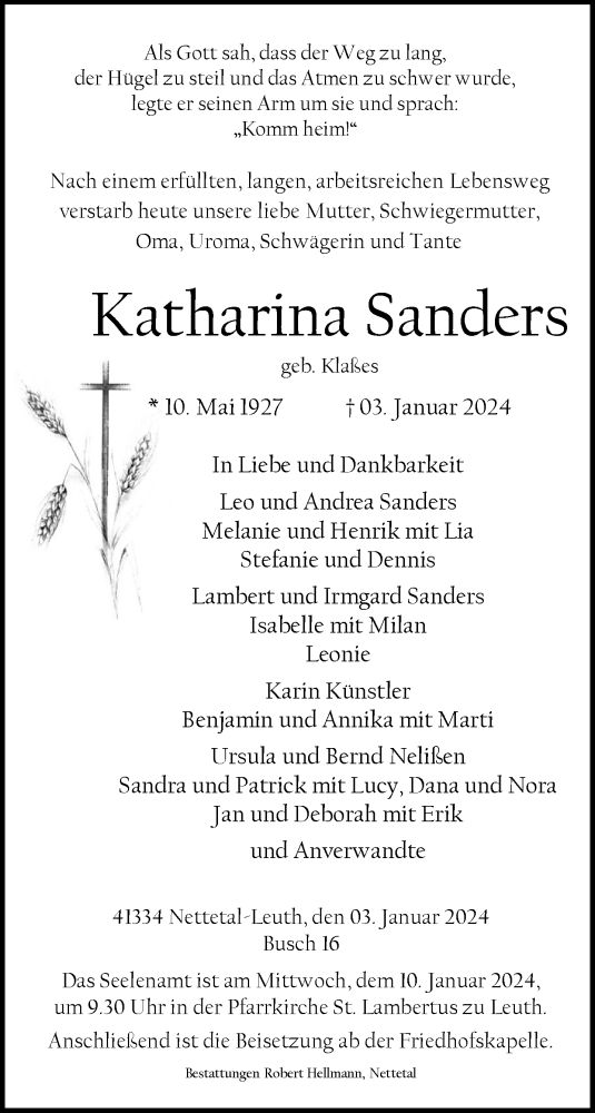 Traueranzeige von Katharina Sanders von trauer.extra-tipp-moenchengladbach.de