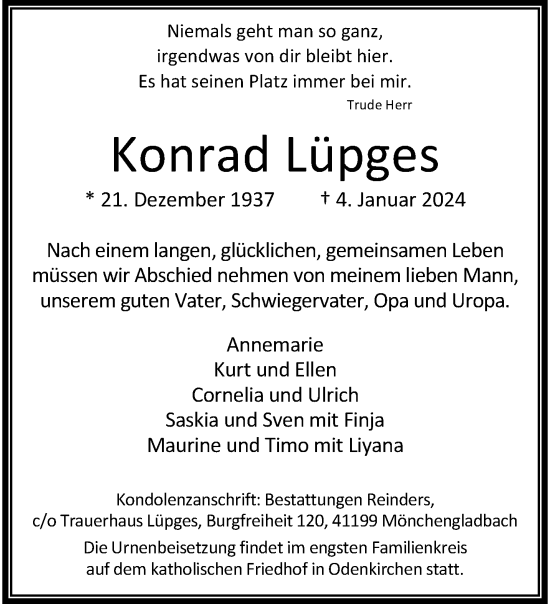 Traueranzeige von Konrad Lüpges von trauer.extra-tipp-moenchengladbach.de