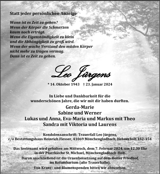 Traueranzeige von Leo Jürgens von trauer.extra-tipp-moenchengladbach.de