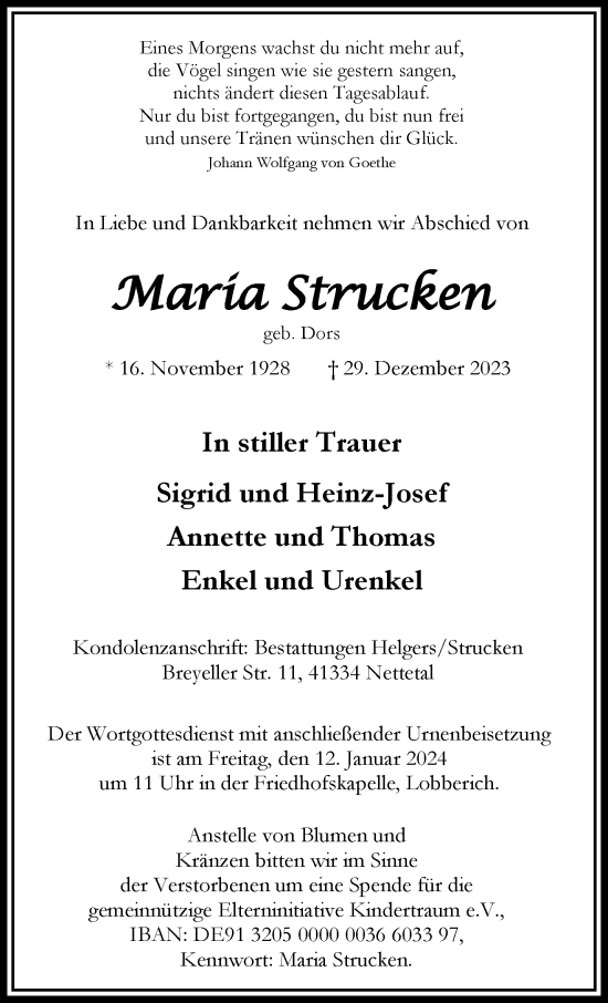 Traueranzeige von Maria Strucken von trauer.extra-tipp-moenchengladbach.de