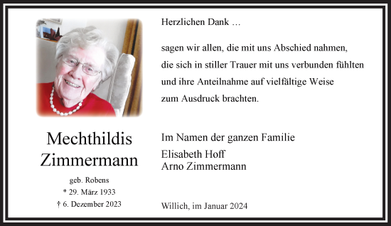 Traueranzeige von Mechthildis Zimmermann von trauer.extra-tipp-moenchengladbach.de