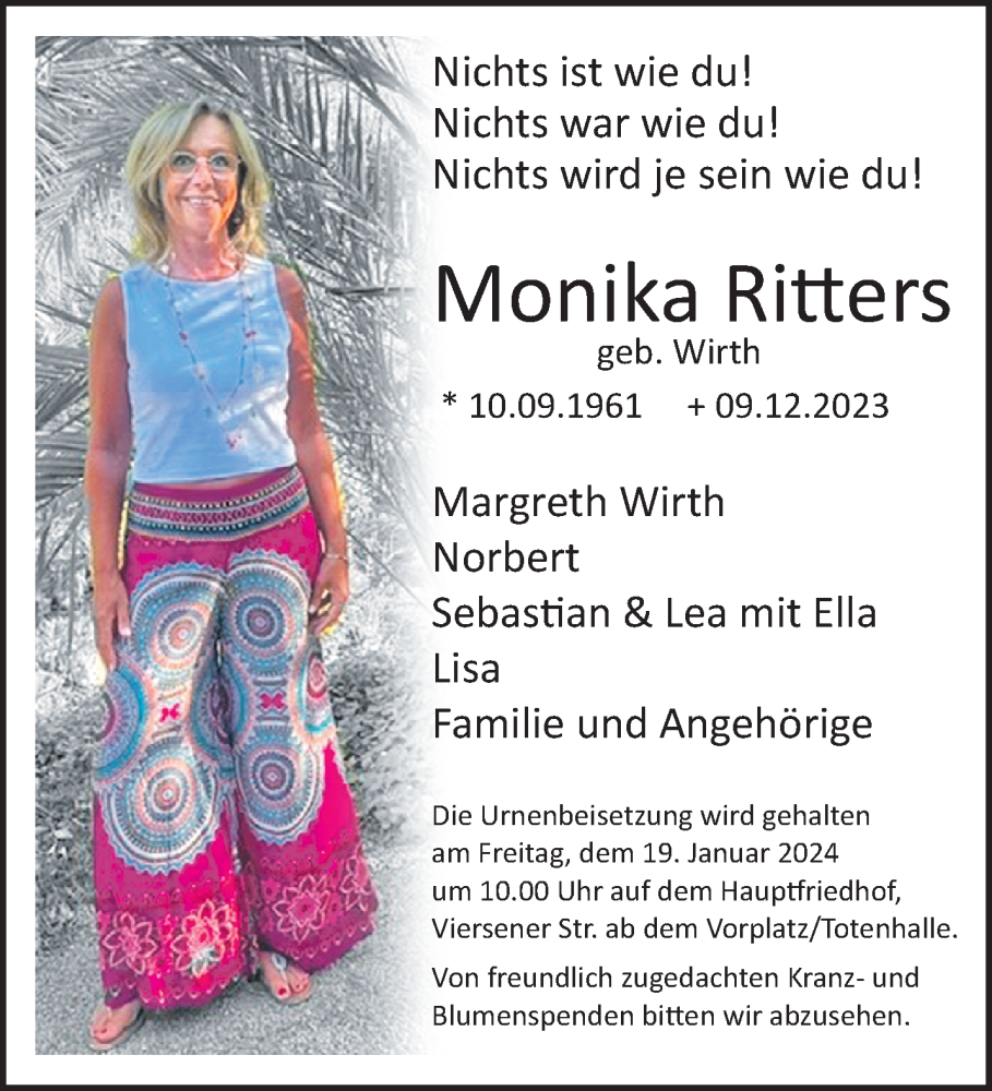 Traueranzeige für Monika Ritters vom 07.01.2024 aus trauer.extra-tipp-moenchengladbach.de