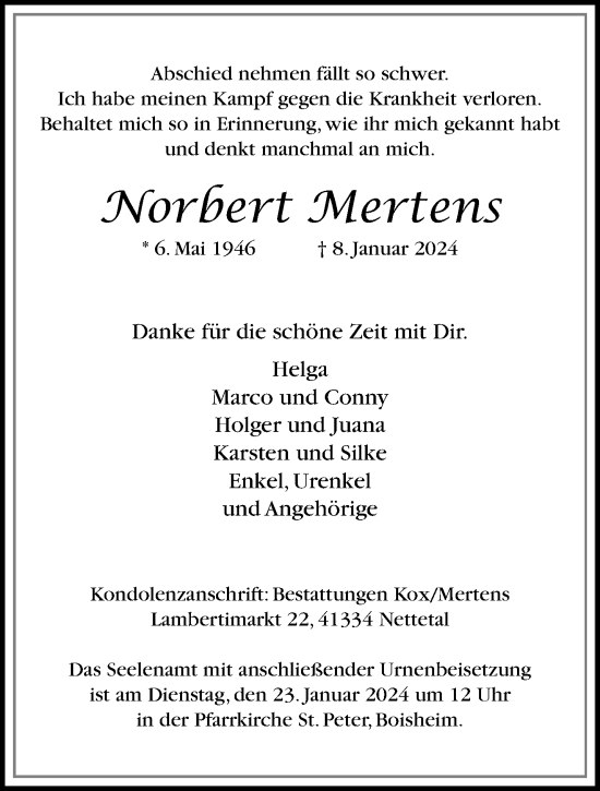 Traueranzeige von Norbert Mertens von trauer.extra-tipp-moenchengladbach.de