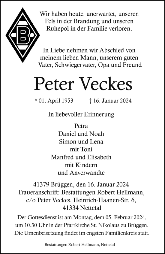 Traueranzeige von Peter Veckes von trauer.extra-tipp-moenchengladbach.de