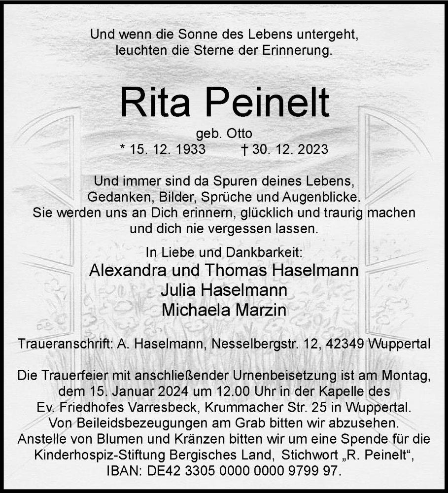  Traueranzeige für Rita Peinelt vom 06.01.2024 aus trauer.wuppertaler-rundschau.de