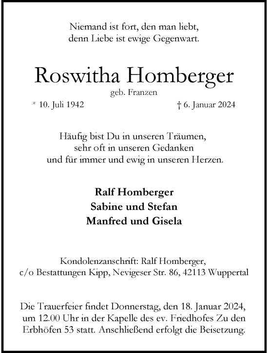 Traueranzeige von Roswitha Homberger von trauer.wuppertaler-rundschau.de