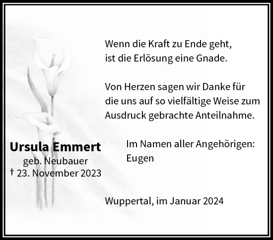 Traueranzeige von Ursula Emmert von trauer.wuppertaler-rundschau.de