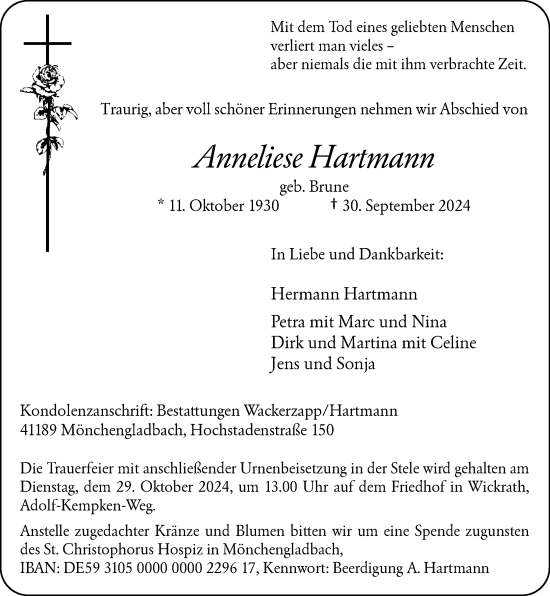 Traueranzeige von Anneliese Hartmann von trauer.extra-tipp-moenchengladbach.de