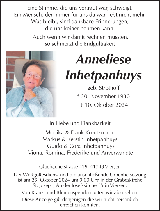 Traueranzeige von Anneliese Inhetpanhuys von trauer.extra-tipp-moenchengladbach.de