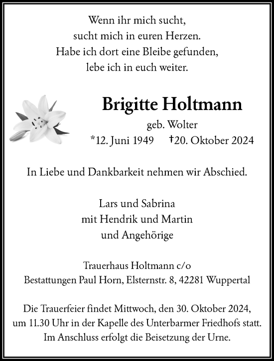 Traueranzeige von Brigitte Holtmann von trauer.wuppertaler-rundschau.de