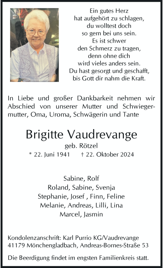 Traueranzeige von Brigitte Vaudrevange von trauer.extra-tipp-moenchengladbach.de