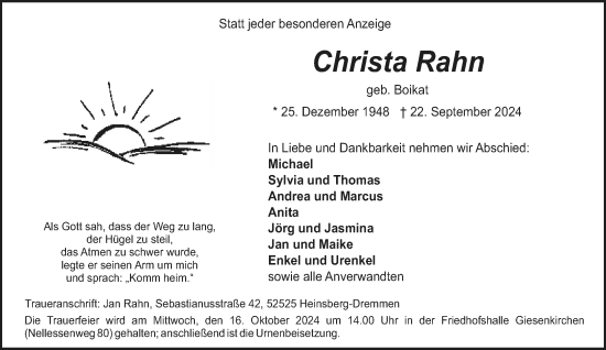 Traueranzeige von Christa Rahn von trauer.extra-tipp-moenchengladbach.de