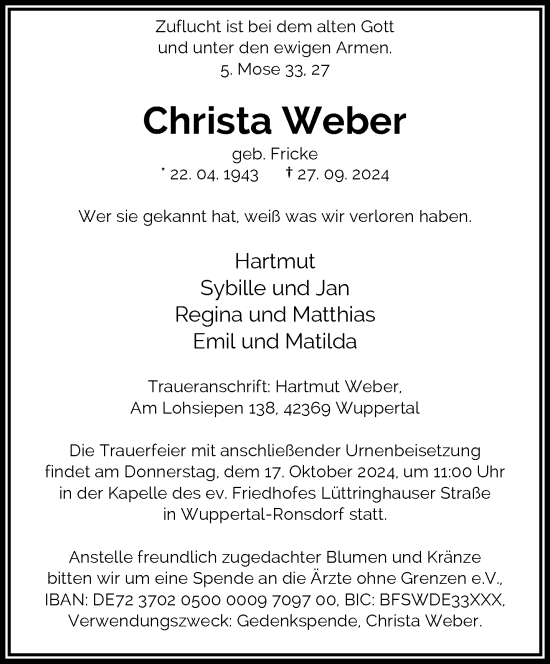 Traueranzeige von Christa Weber von trauer.wuppertaler-rundschau.de