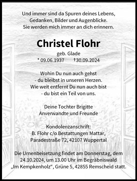 Traueranzeige von Christel Flohr von trauer.wuppertaler-rundschau.de