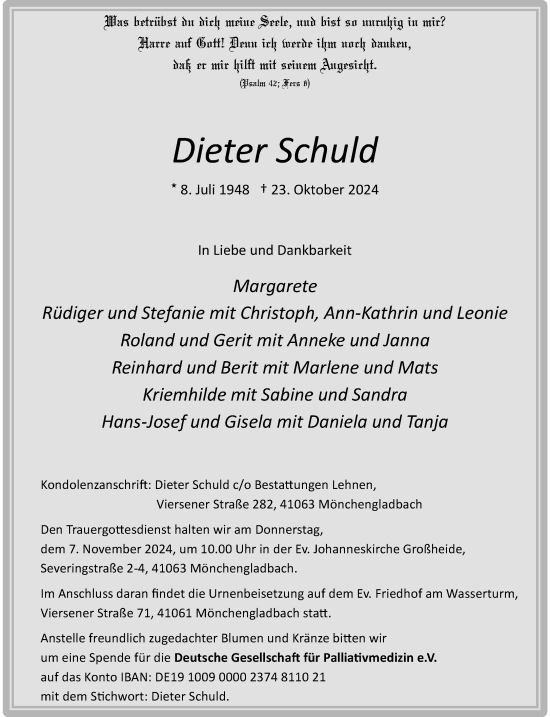 Traueranzeige von Dieter Schuld von trauer.extra-tipp-moenchengladbach.de