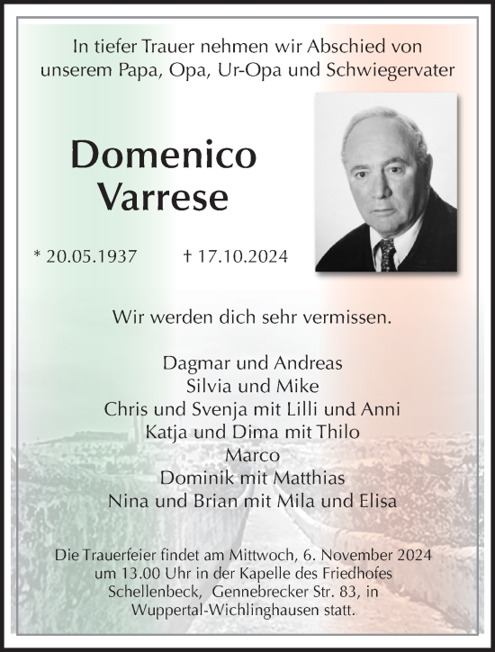 Traueranzeige von Domenico Varrese von trauer.wuppertaler-rundschau.de