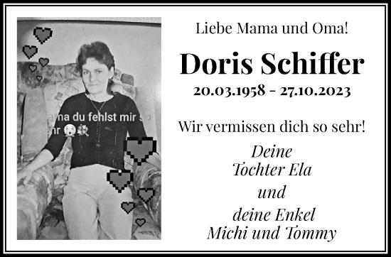 Traueranzeige von Doris Schiffer von trauer.extra-tipp-moenchengladbach.de