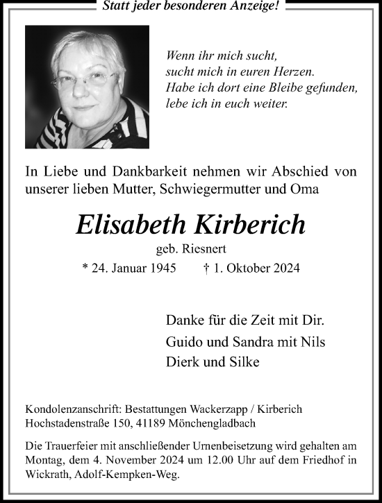 Traueranzeige von Elisabeth Kirberich von trauer.extra-tipp-moenchengladbach.de