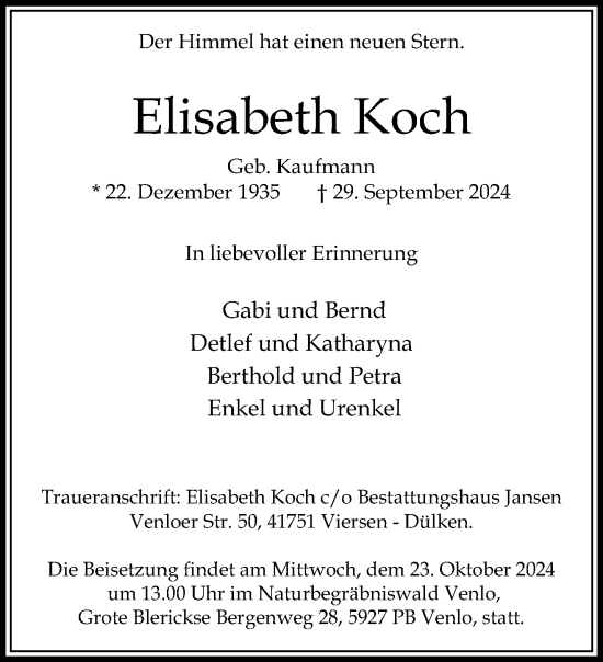 Traueranzeige von Elisabeth Koch von trauer.extra-tipp-moenchengladbach.de