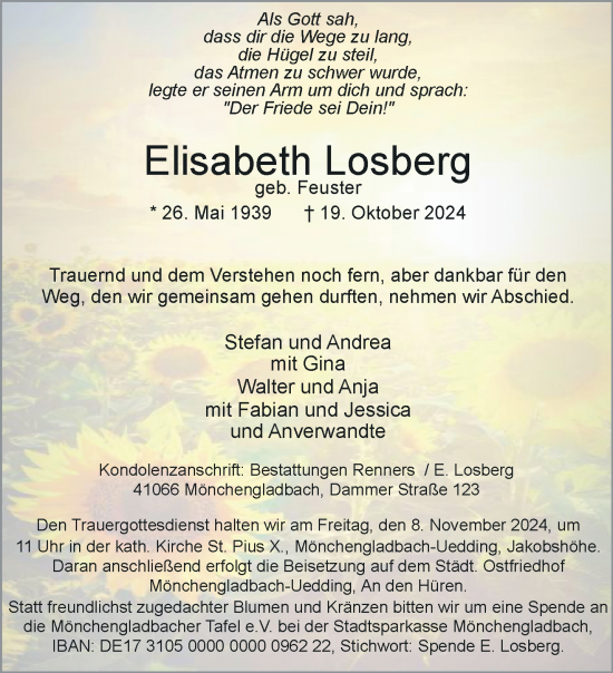 Traueranzeige von Elisabeth Losberg von trauer.extra-tipp-moenchengladbach.de