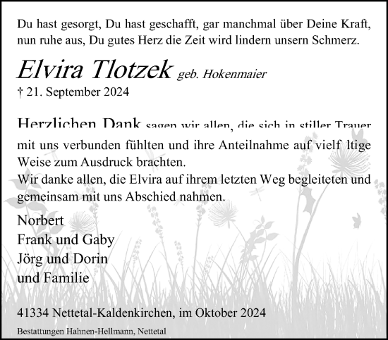 Traueranzeige von Elvira Tlotzek von trauer.extra-tipp-moenchengladbach.de