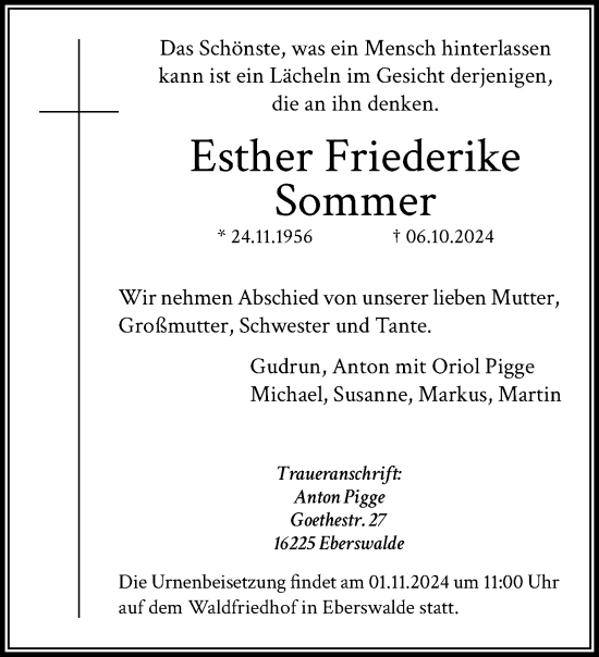 Traueranzeige von Esther Friederike Sommer von trauer.extra-tipp-moenchengladbach.de