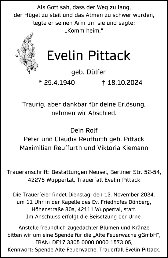 Traueranzeige von Evelin Pittack von trauer.wuppertaler-rundschau.de