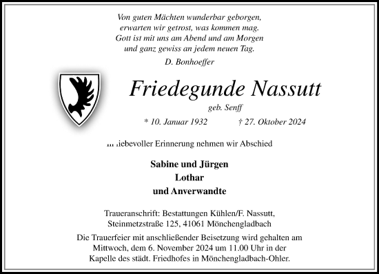 Traueranzeige von Friedegunde Nassutt von trauer.extra-tipp-moenchengladbach.de