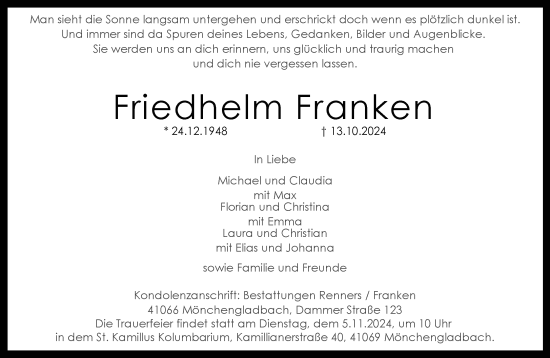 Traueranzeige von Friedhelm Franken von trauer.extra-tipp-moenchengladbach.de