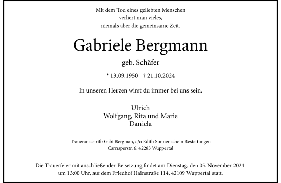 Traueranzeige von Gabriele Bergmann von trauer.wuppertaler-rundschau.de