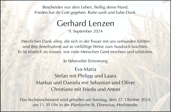 Traueranzeige von Gerhard Lenzen von trauer.extra-tipp-moenchengladbach.de