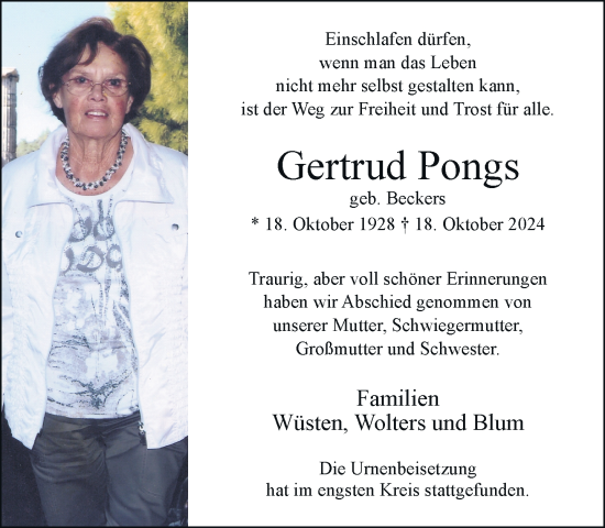 Traueranzeige von Gertrud Pongs von trauer.extra-tipp-moenchengladbach.de