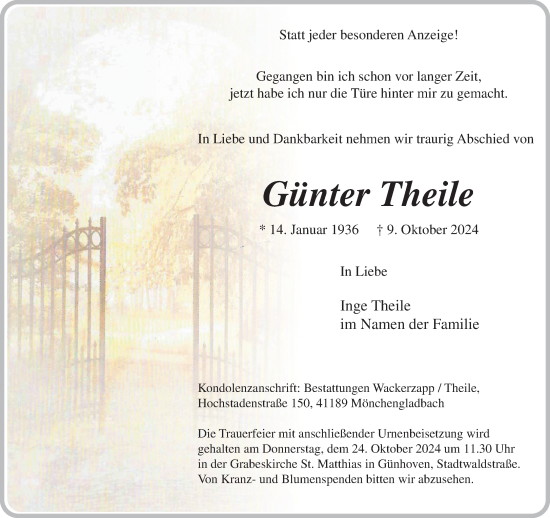 Traueranzeige von Günter Theile von trauer.extra-tipp-moenchengladbach.de