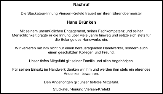 Traueranzeige von Hans Brünken von trauer.extra-tipp-moenchengladbach.de